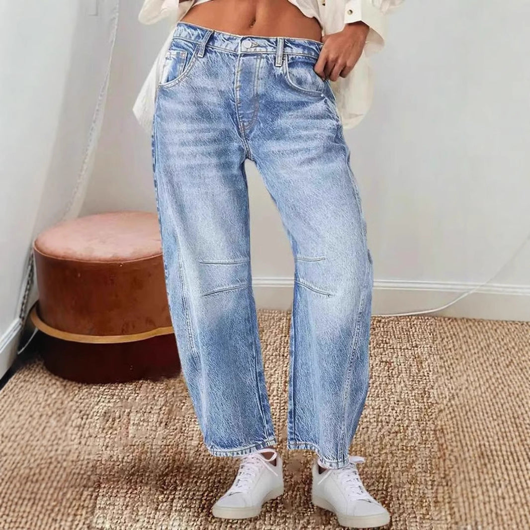 Damen Hoch Taillierte Baggy Jeans Bequem Geschnitten - IdealeKleiden