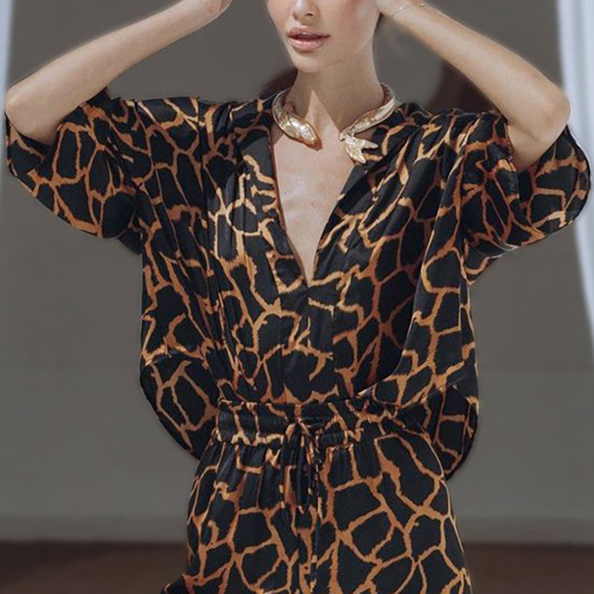 Damen Jumpsuit Elegant Giraffenmuster Weite Beine - IdealeKleiden