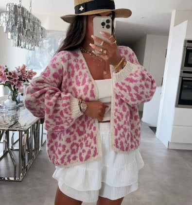 Damen Strickjacke Leopardenmuster Trendy Style