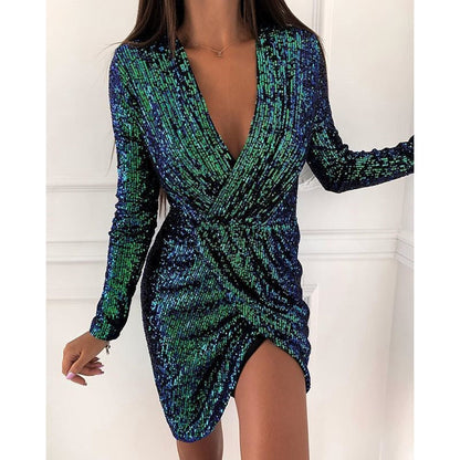 Damen Abendkleid Glitzer V-Ausschnitt Langärmlig