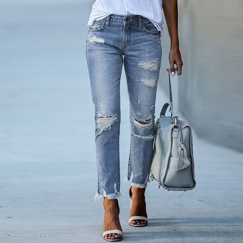Damen Ripped Jeans Trendy Fransen