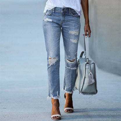 Damen Ripped Jeans Trendy Fransen