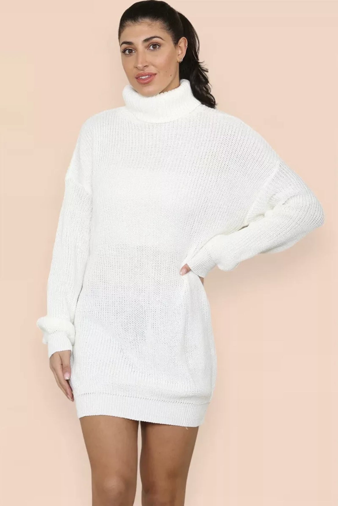 Damen Strickkleid Hochkragen Gestrickt Elegant