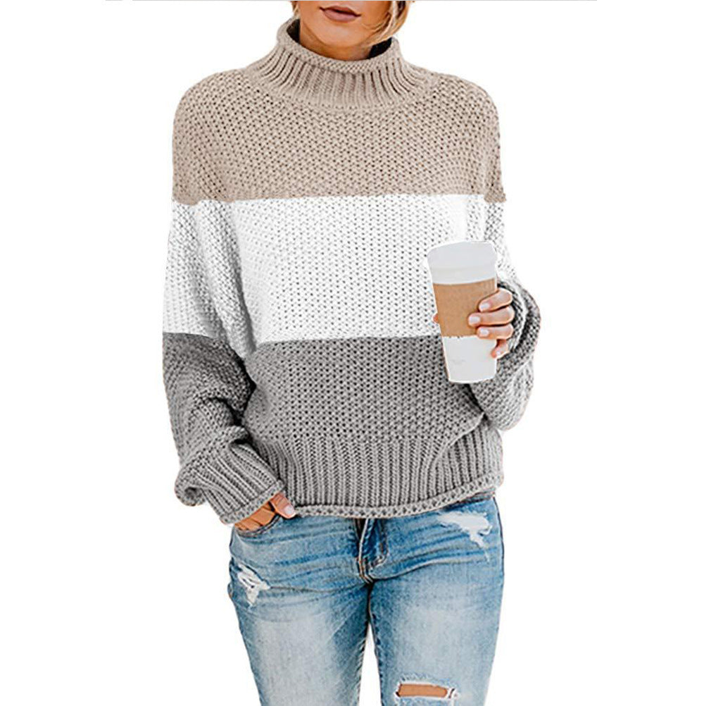 Damen Pullover Grobstrick Hochkragen Modern Farbblock