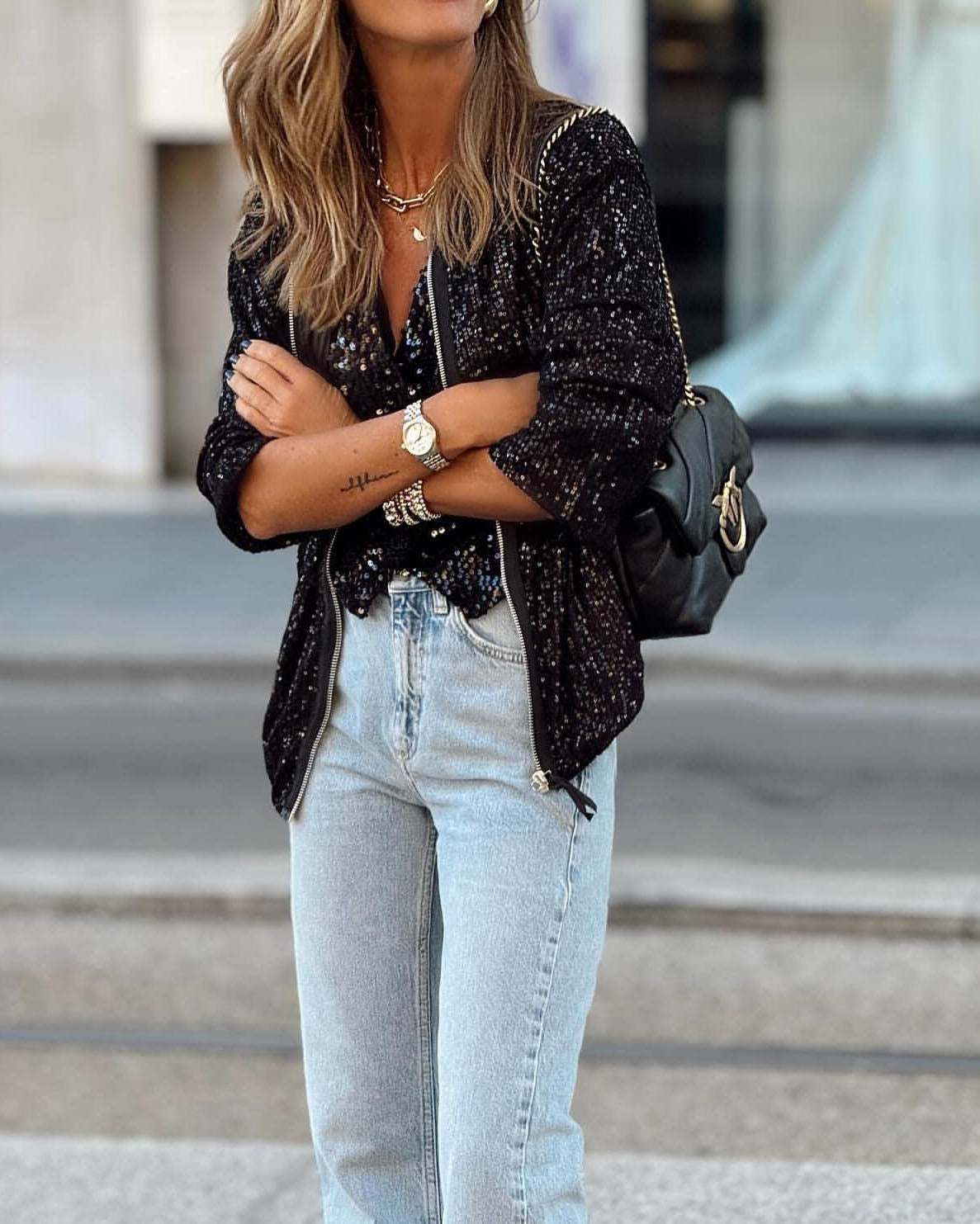 Glitzernde Baseballjacke Pailletten Style - IdealeKleiden