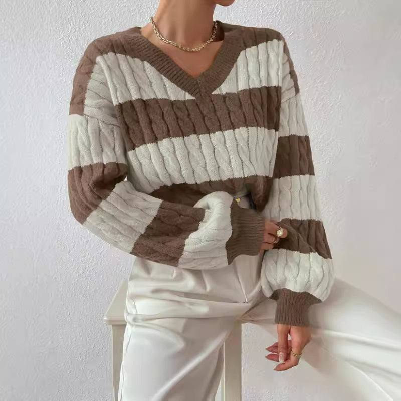 Damen Strickpullover V-Ausschnitt Langärmlig Elegantes Design - IdealeKleiden