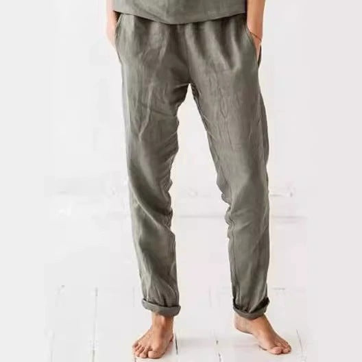 Damen Leinenhose Bequem Elegant mit Taschen - IdealeKleiden
