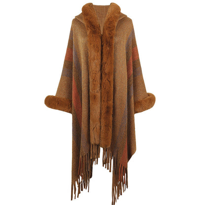 Damen Poncho Lang Luxus Faux-Fell Kragen