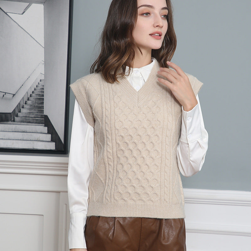 Damen Strickweste V-Ausschnitt Zopfmuster Elegante Kleidung - IdealeKleiden