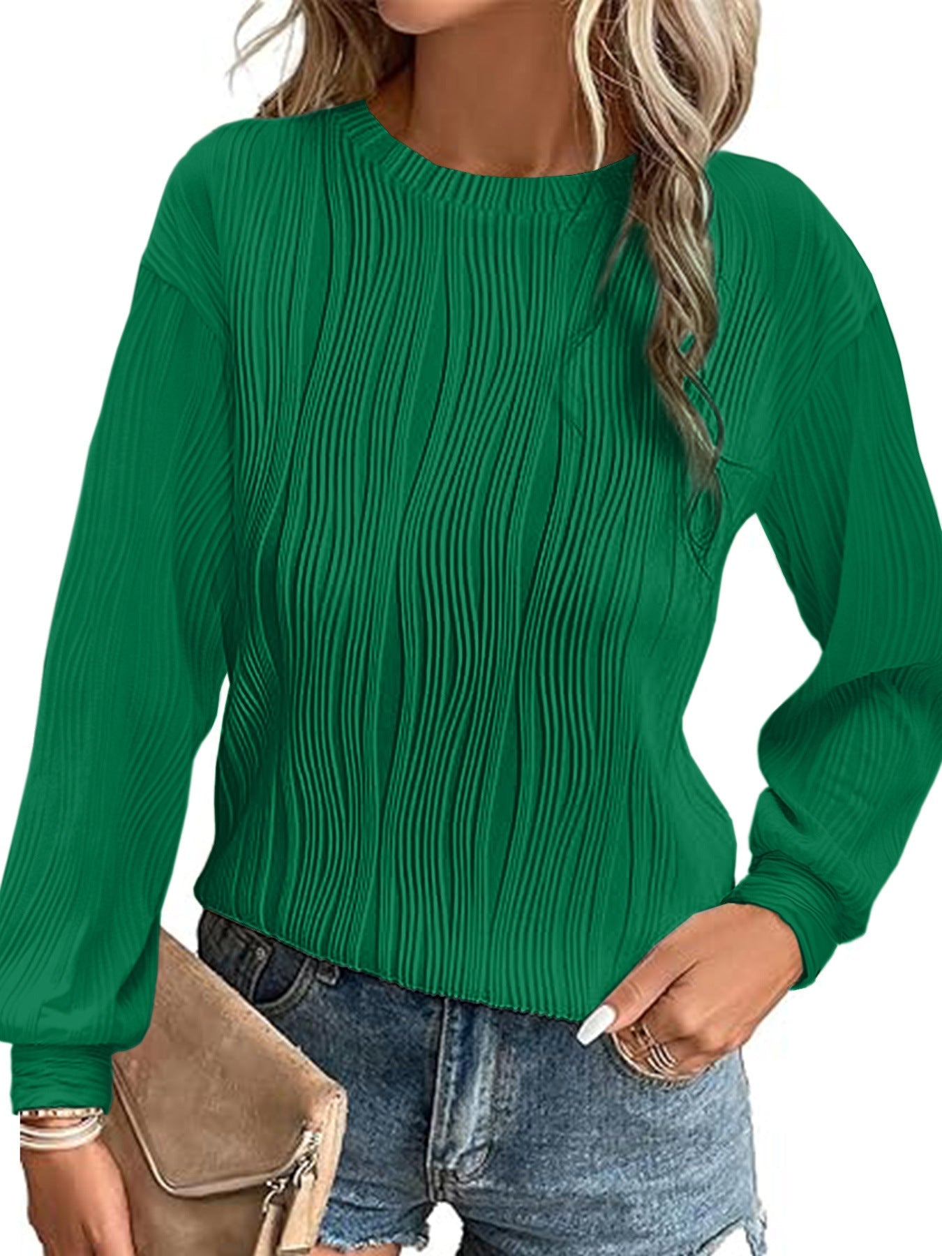 Damen Plisseepullover Langarm Elegant