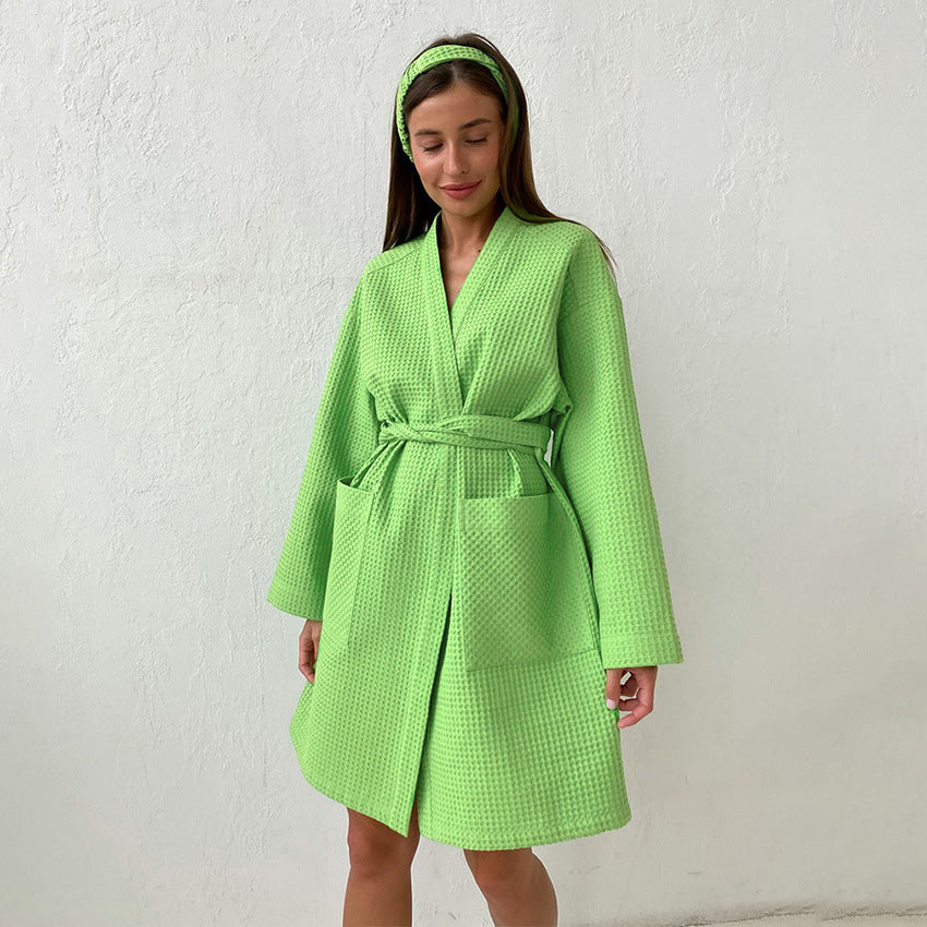 Damen Bademantel Soft Baumwolle mit Gürtel und Taschen