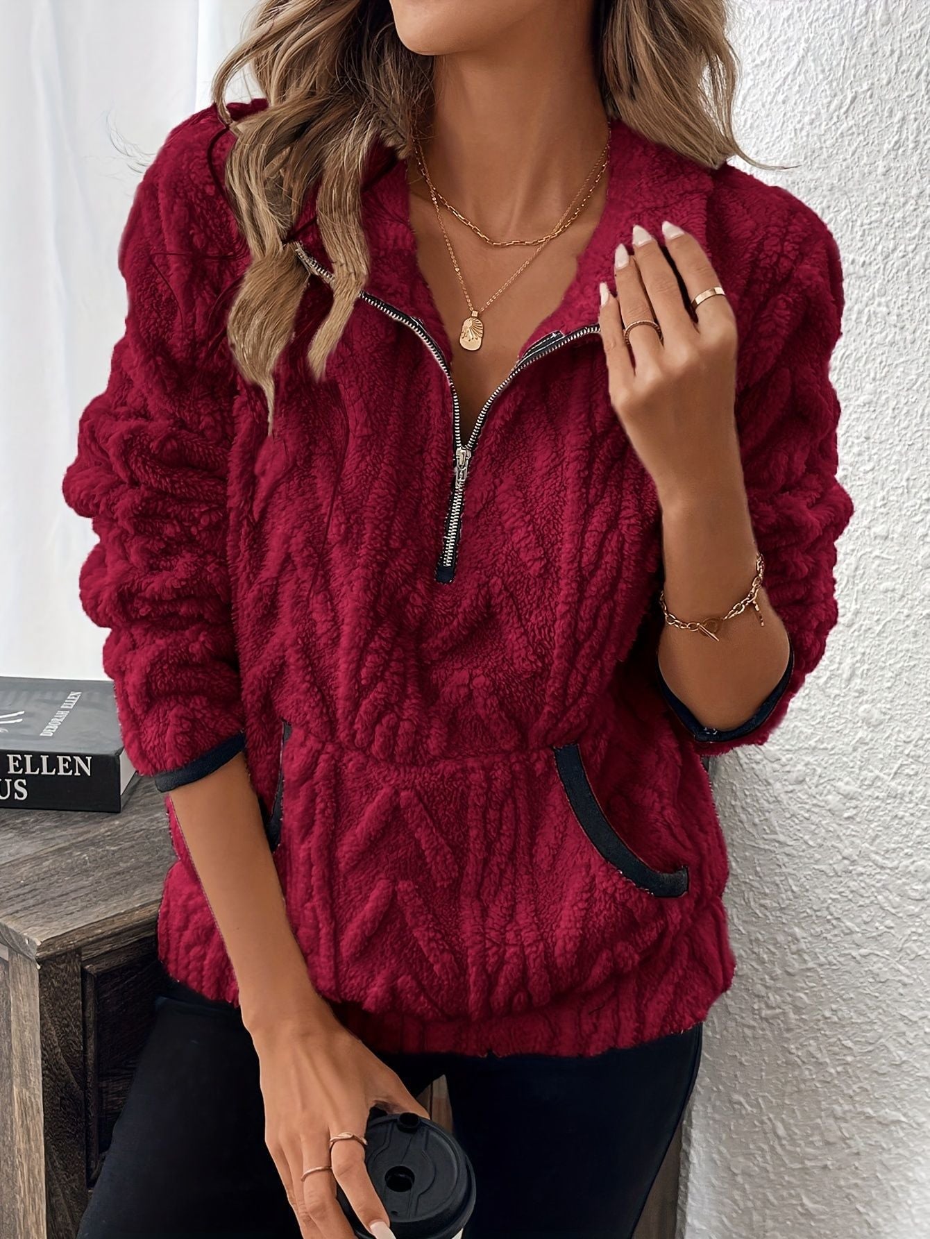 Damen Weicher Teddy-Pullover Hoher Kragen