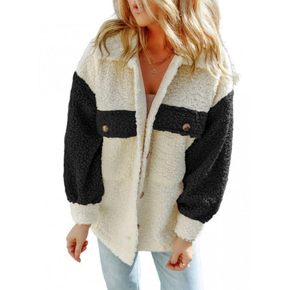 Weiche Damen Teddyjacke Kontrast Ärmel Winter