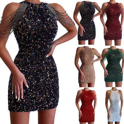 Damen Abendkleid Glitzernd Elegant Spaghettiträger - IdealeKleiden