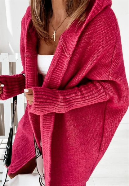 Damen Strickcardigan Kapuze Weite Ärmel Bequem
