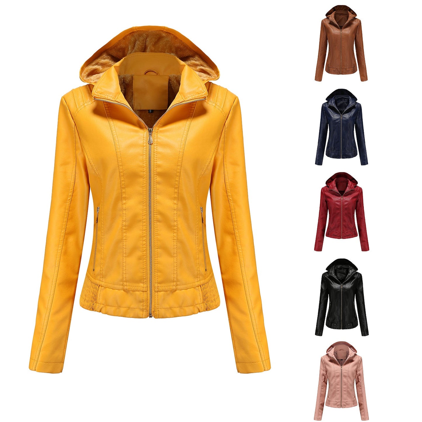Damen Lederjacke Elegant Schnitt Mit Hochkragen - IdealeKleiden