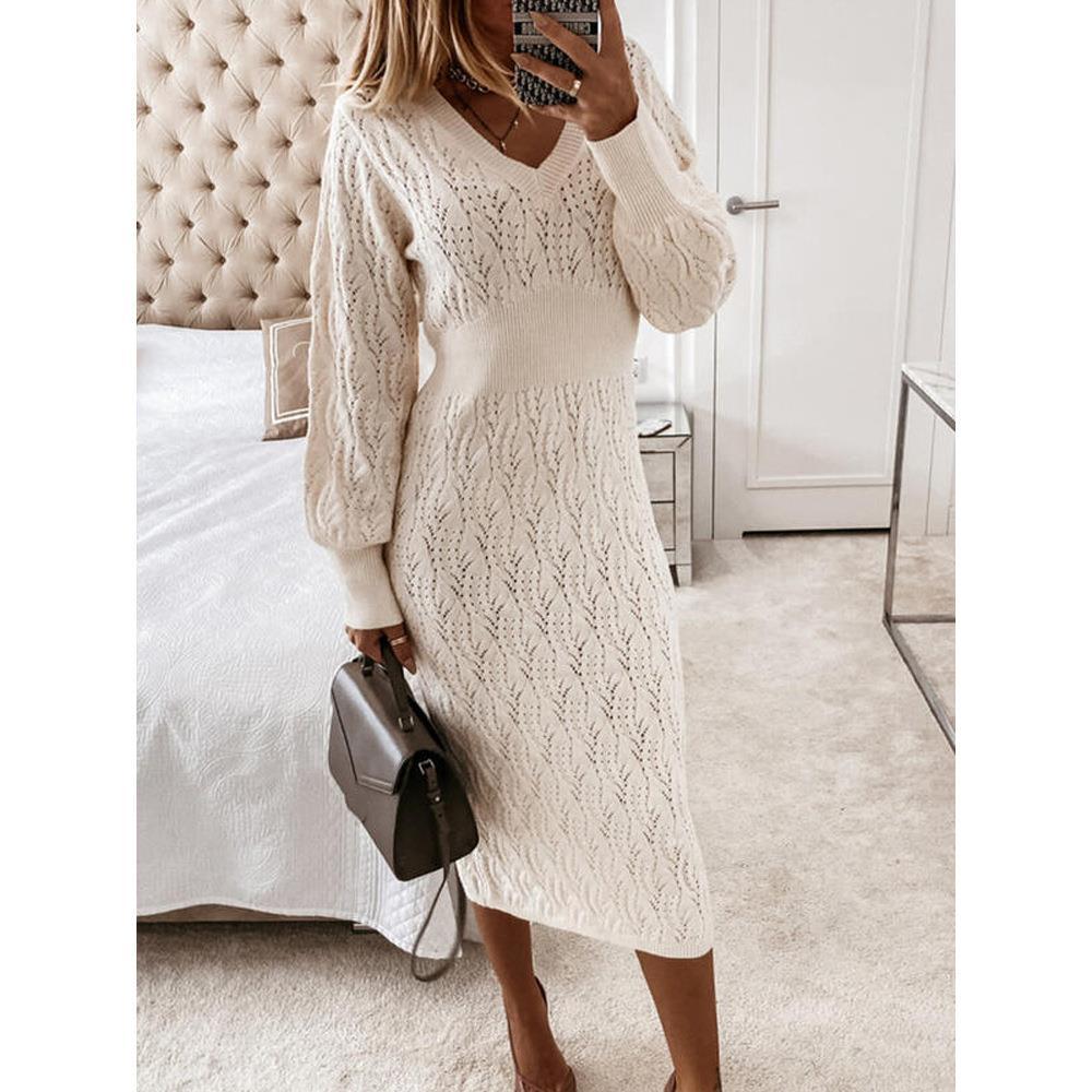 Damen Strickkleid Elegant V-Ausschnitt Durchsichtig Effekt