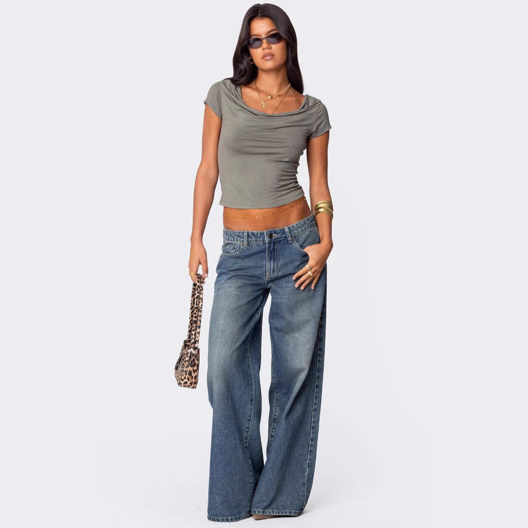Damen Hochtaillen Jeans Weite Bein Komfort - IdealeKleiden