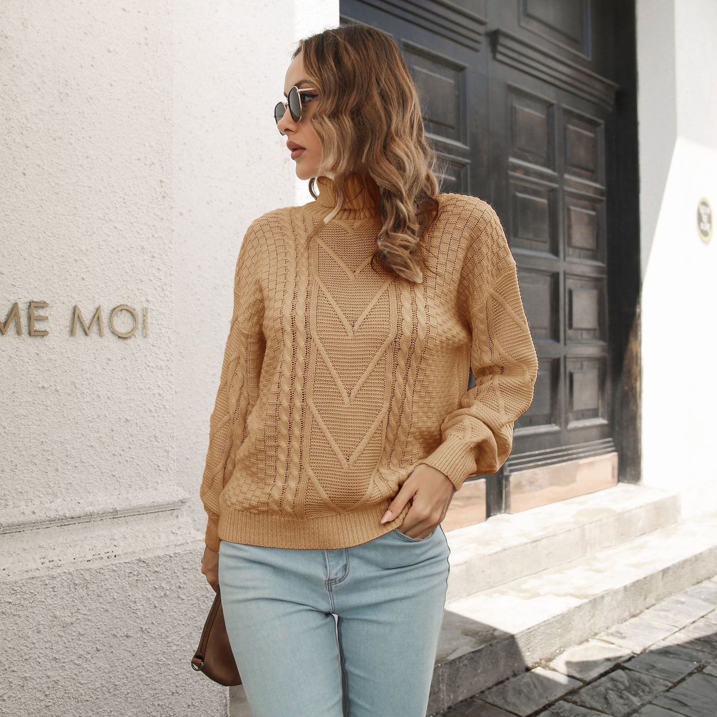 Damen Strickpullover Zopfmuster Rollkragen Elegante Damenkleidung