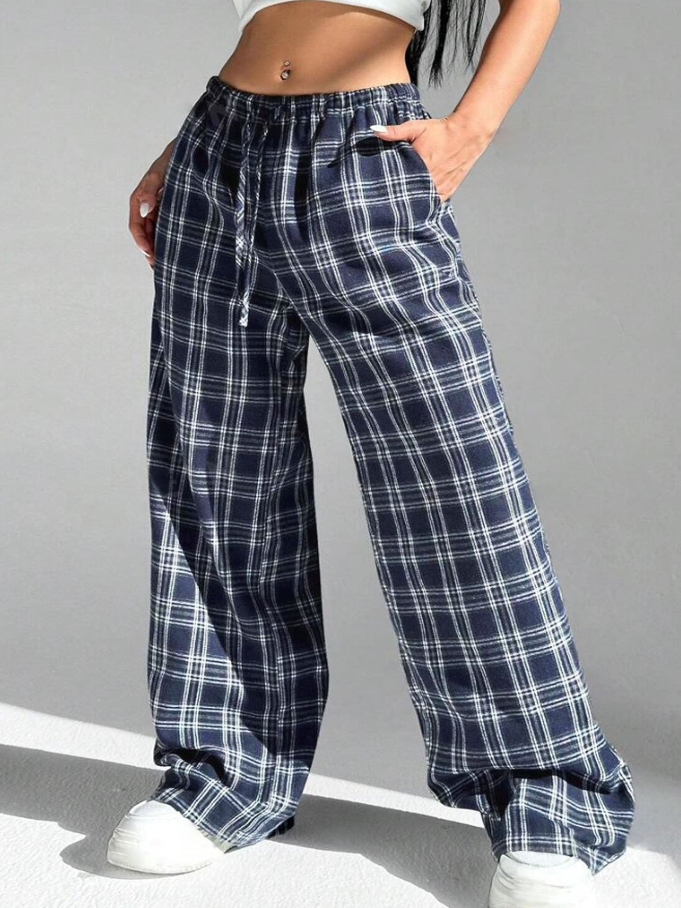 Damen Karohose Bequem Elastisch Mit Taschen