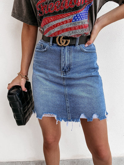 Damen Jeansrock Höher Bund Fransen Saum