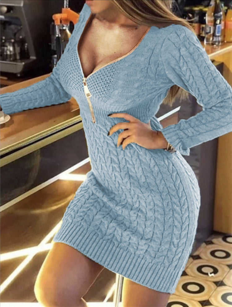 Damen Strickkleid Zopf Muster Elegant Lang