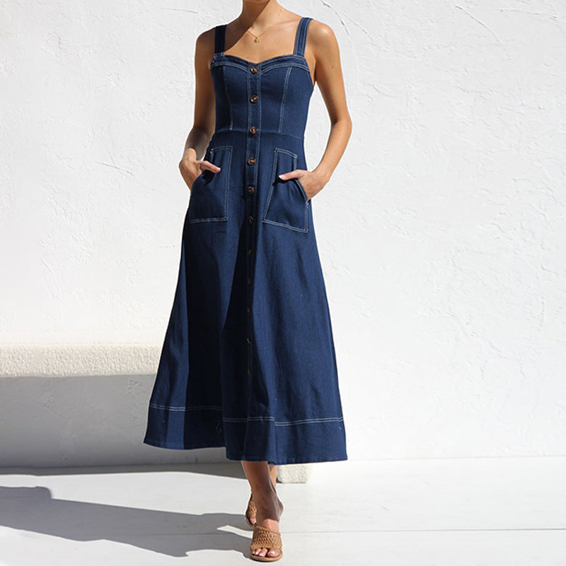 Damen Jeanskleid Lang Elegant Mit Taschen - IdealeKleiden