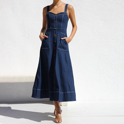 Damen Jeanskleid Lang Elegant Mit Taschen - IdealeKleiden