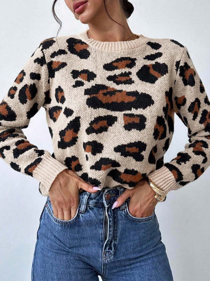 Damen Strickpullover Leopardenmuster Überschnitten Schultern