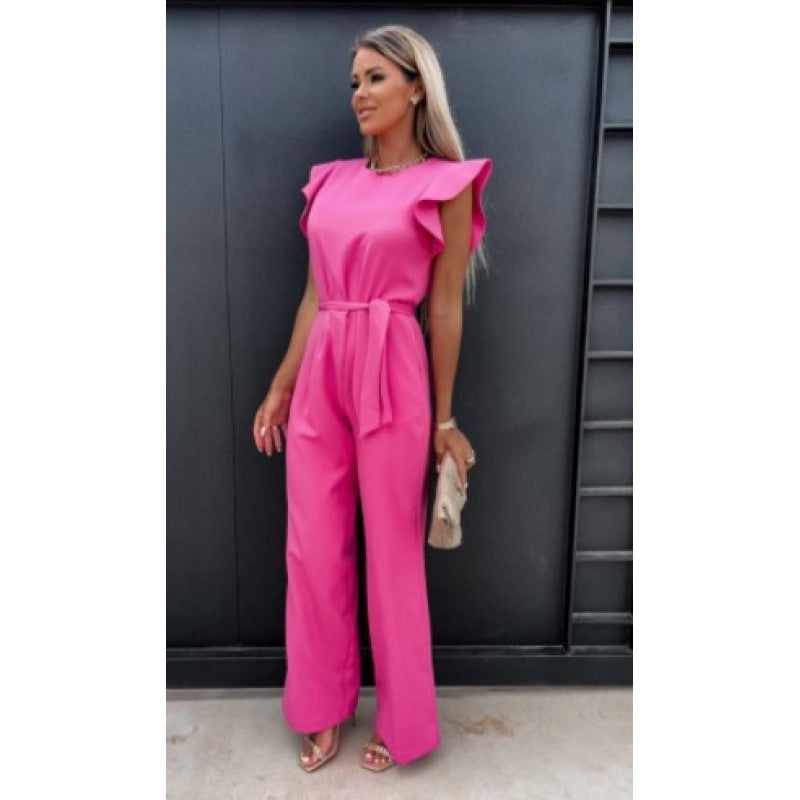 Damen Jumpsuit Elegant Weitbeinig Rüschen Ärmel