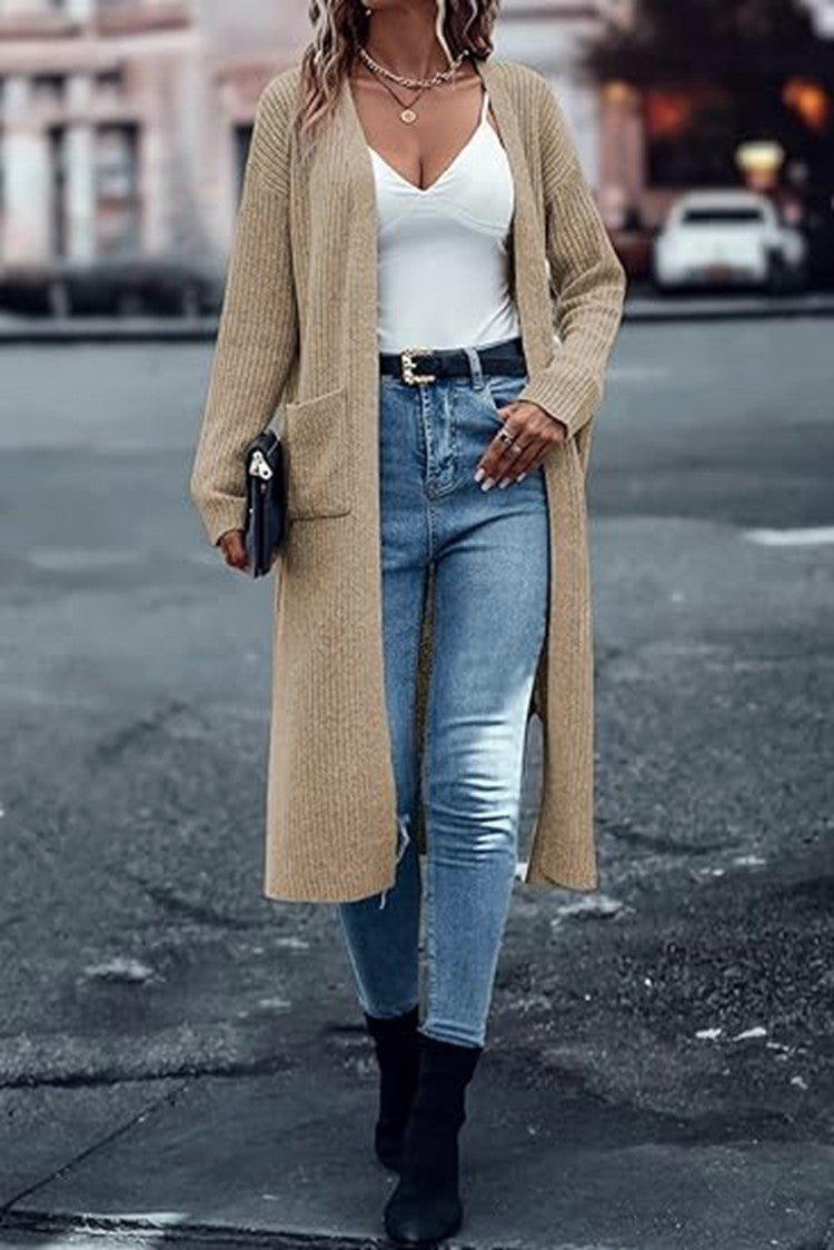 Damen Strickmantel Langärmlig mit Taschen Damenmantel