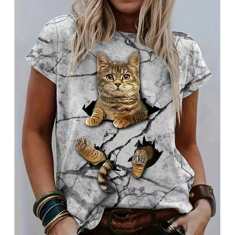 Damen T-Shirt 3D Katze Trendy Risslook