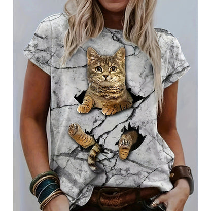 Damen T-Shirt 3D Katze Trendy Risslook