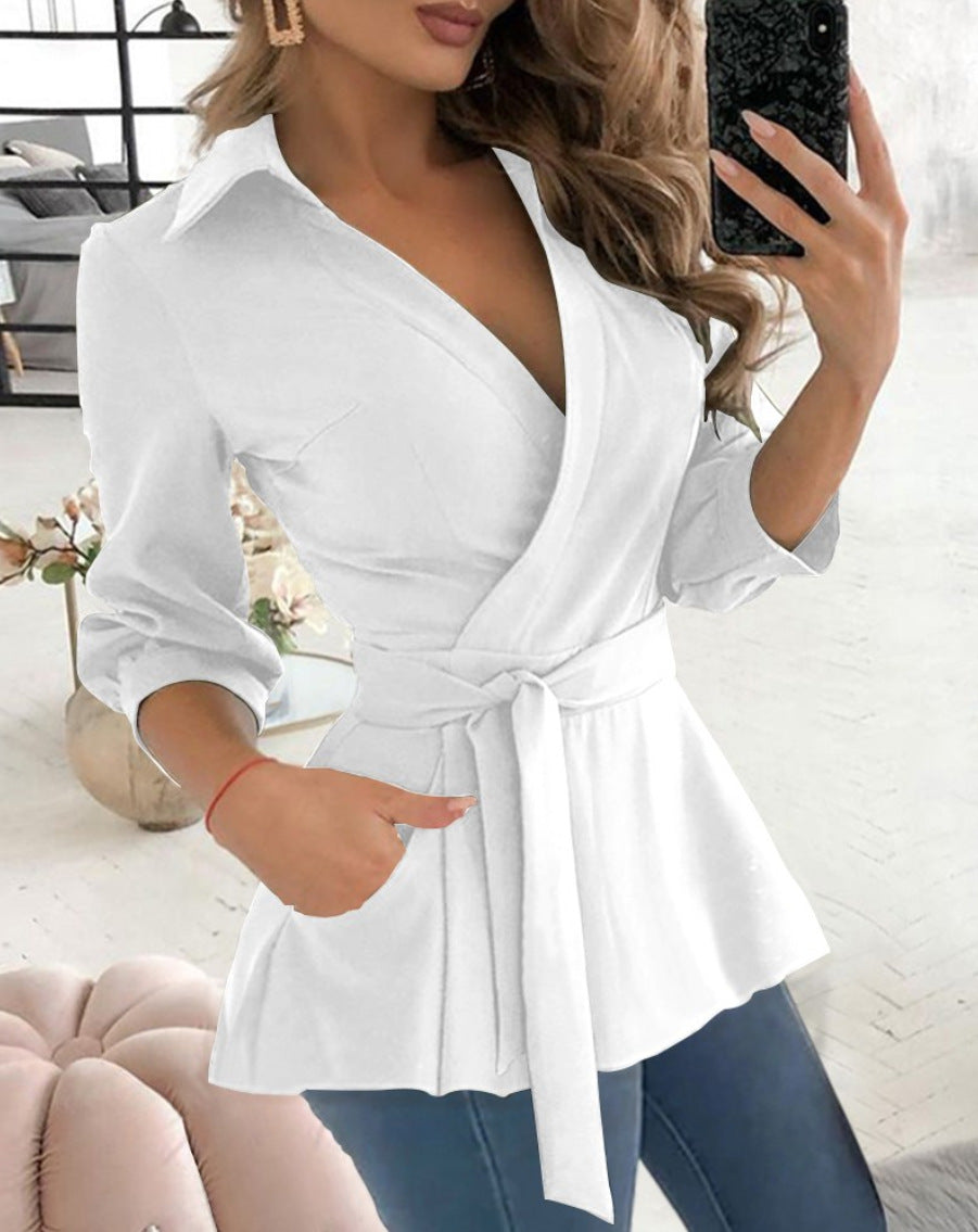 Elegantes Kleid Mit Gürtel V-Ausschnitt Langärmlig