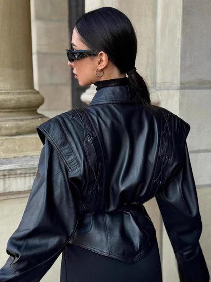 Eleganter Damen Blazer Schwarz Leder Optik - IdealeKleiden