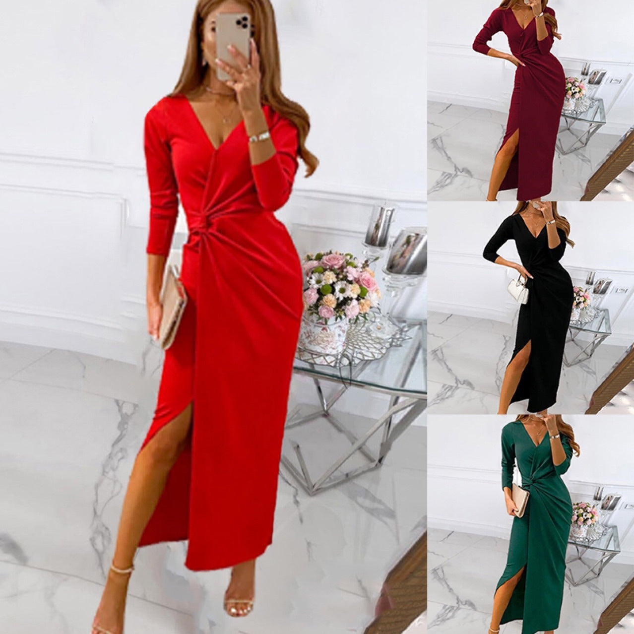 Damen Wickelkleid Elegant V-Ausschnitt Hochgeschlitzt - IdealeKleiden