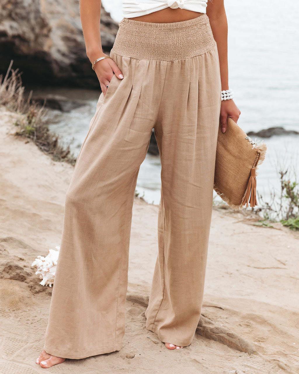 Damen Leinenhose Weit Bequem Falten Detail