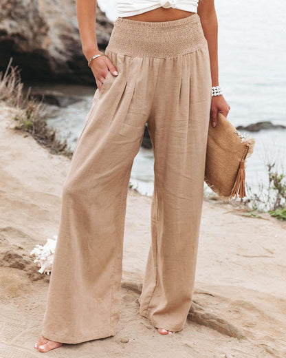 Damen Leinenhose Weit Bequem Falten Detail