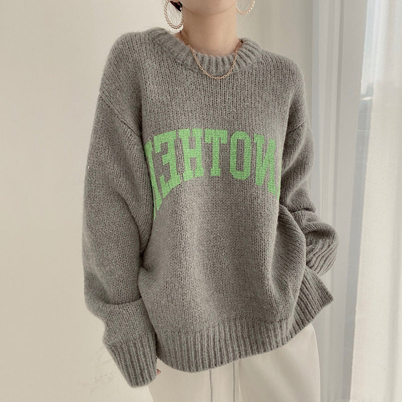 Damen Oversized Pullover Großes Logo Trendy Strickmuster