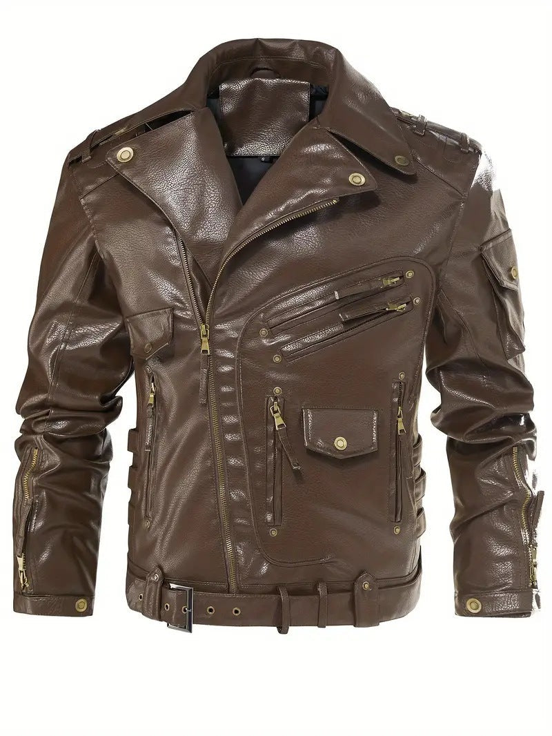 Herren Lederjacke Biker Style Reißverschluss Taschen