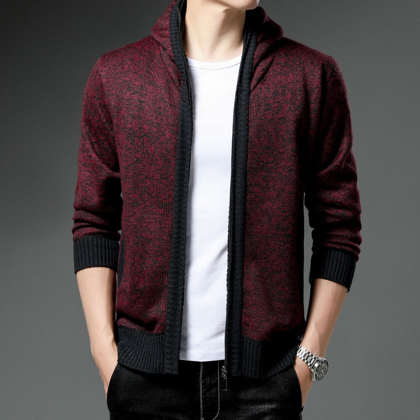Herren Strickjacke Modern Kapuze Schwarz Weiß
