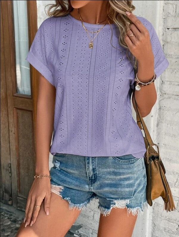 Damen Leichtes Rundhals-T-Shirt mit Lochdesign Sommer
