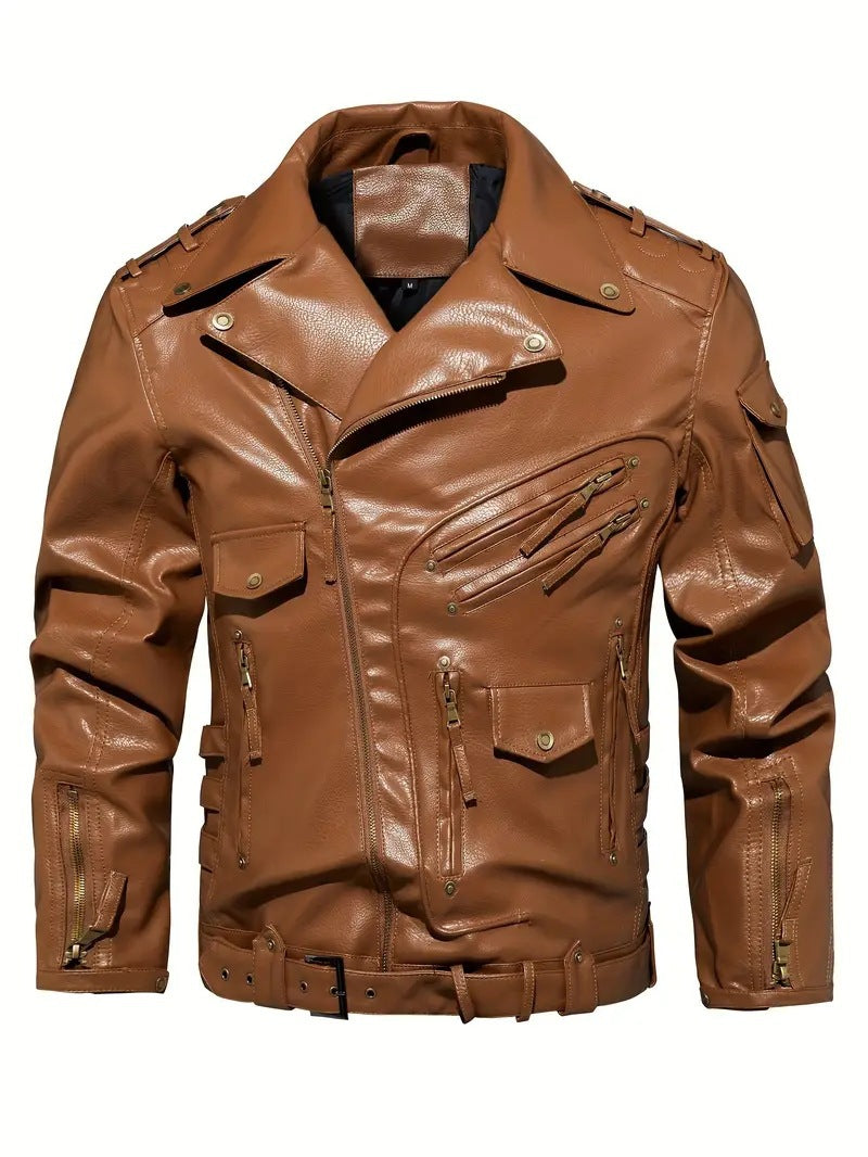 Herren Lederjacke Biker Style Reißverschluss Taschen