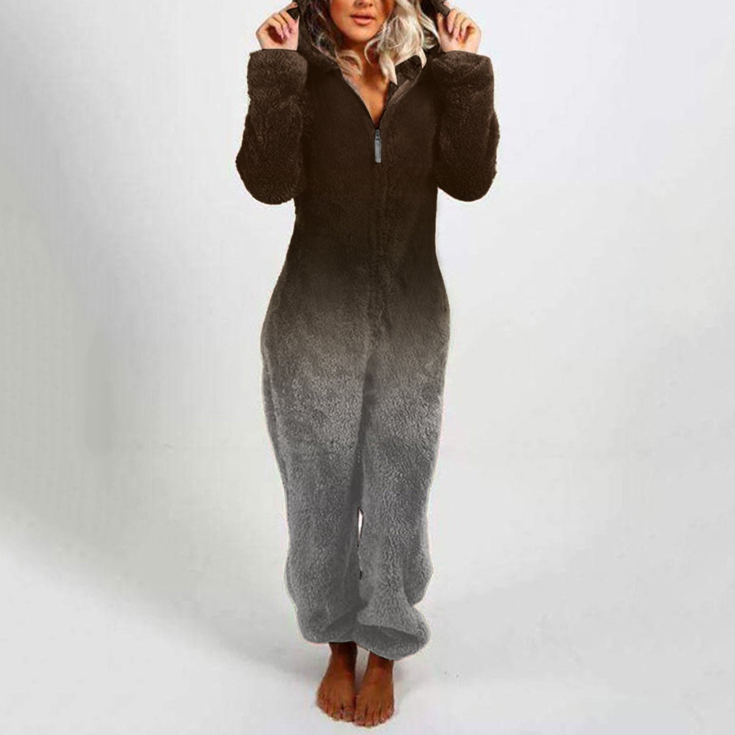Damen Fleece-Overall Kapuze Farbverlauf Trendy