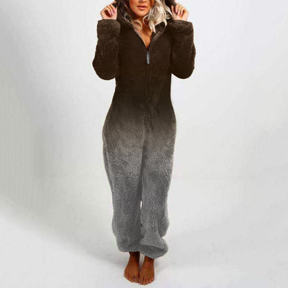 Damen Fleece-Overall Kapuze Farbverlauf Trendy