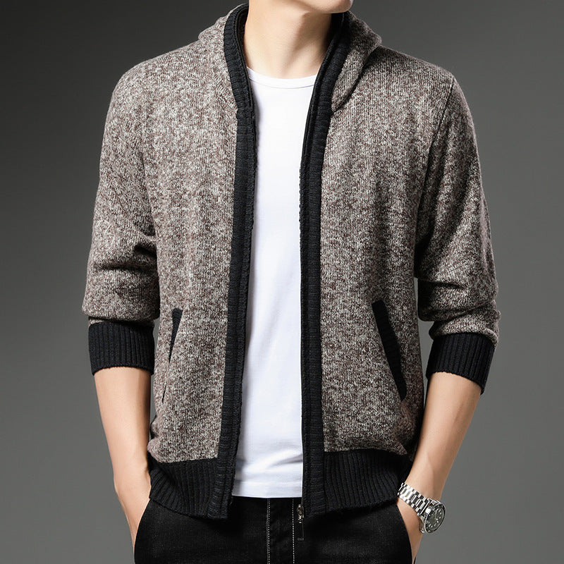 Herren Strickjacke Modern Kapuze Schwarz Weiß