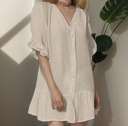 Damen Oberteil Kleid mit Puffärmeln und Rüschenabschluss