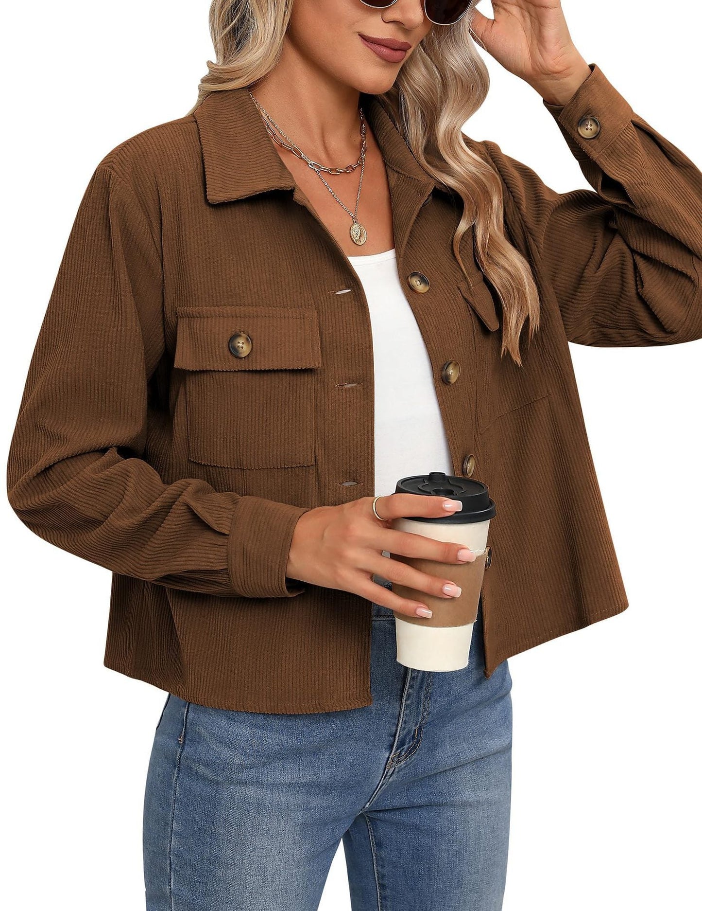 Damen Cordjacke Modern Zweitaschen Design
