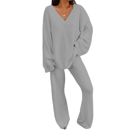 Damen Fleece Lounge Set V-Ausschnitt Komfort Wear