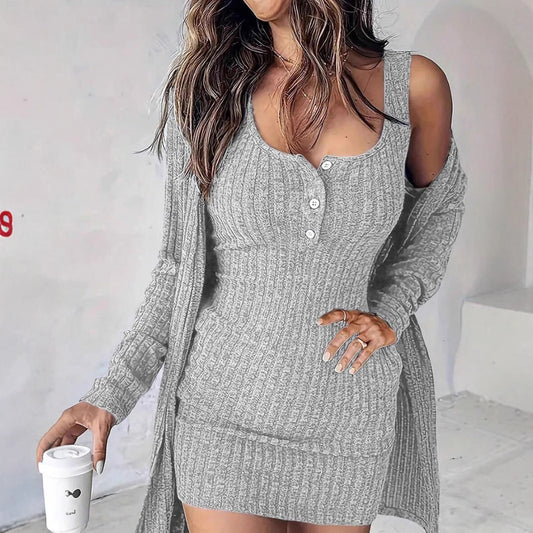 Damen Strickkleid Elegant Mit Knöpfen - IdealeKleiden